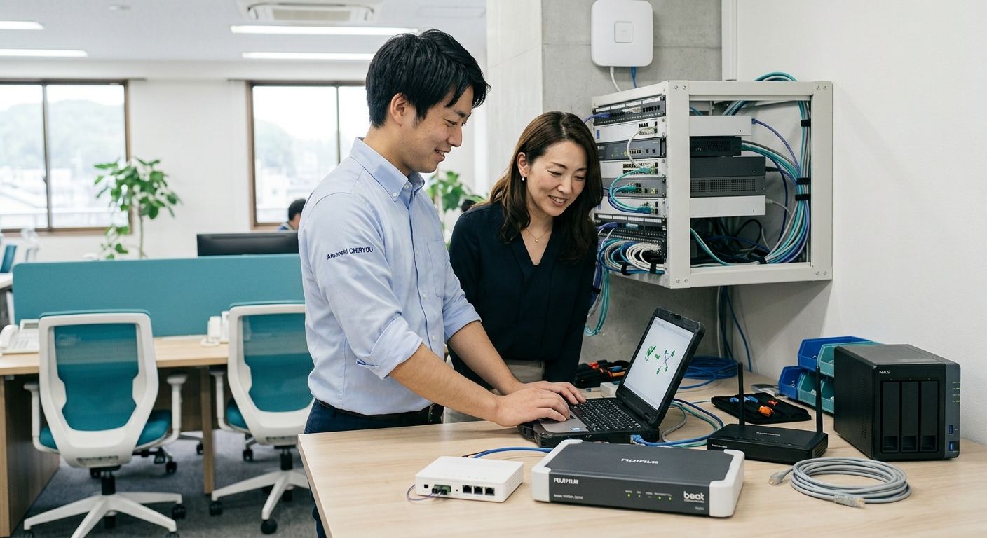 ネットワーク機器を設置するスタッフ