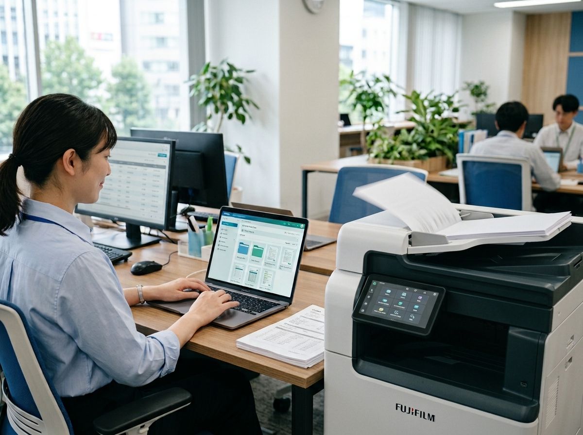 紙の資料とパソコンの画面でデータを確認するオフィスの様子