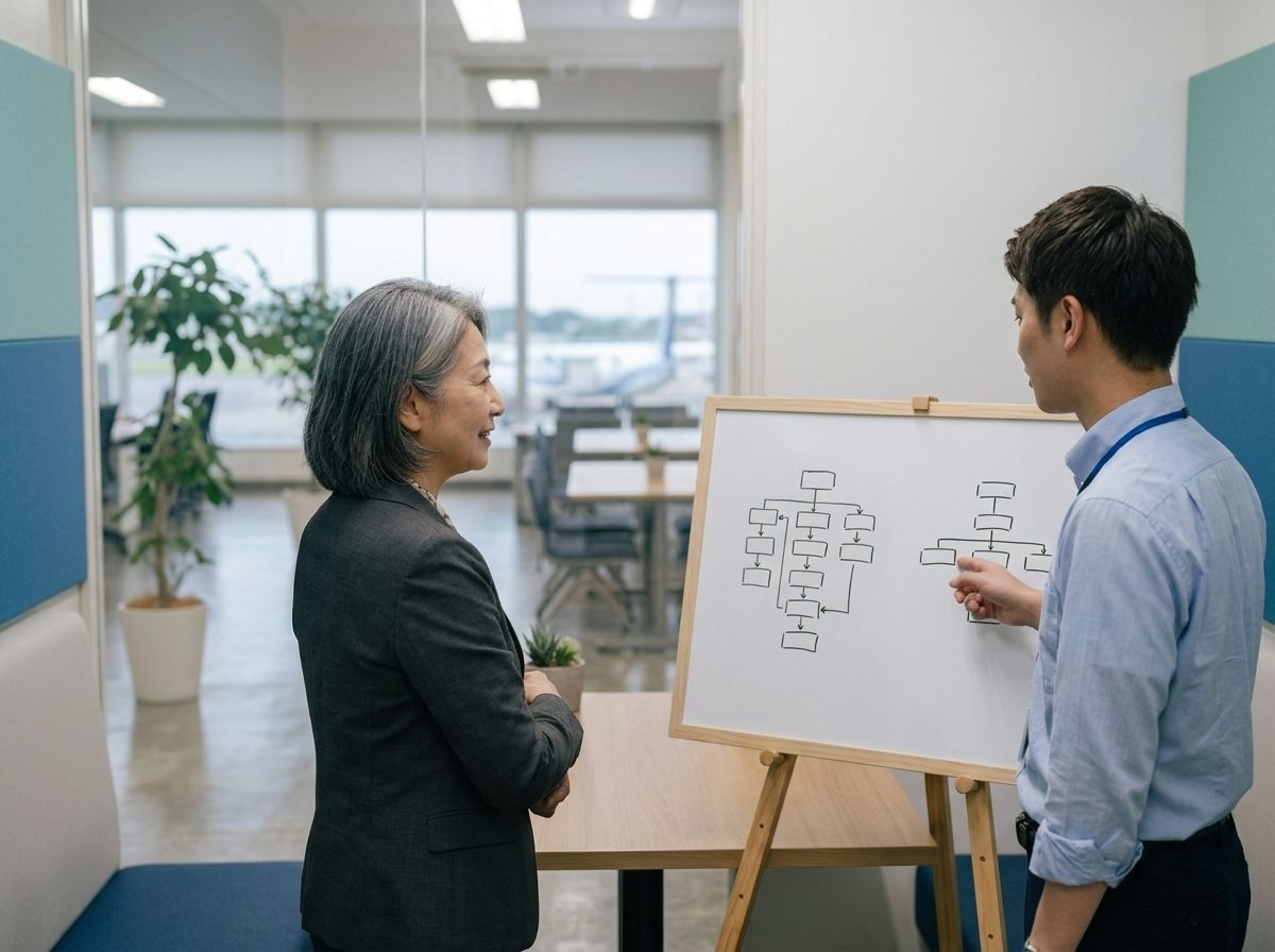ホワイトボードを見ながら打ち合わせをするメンバー